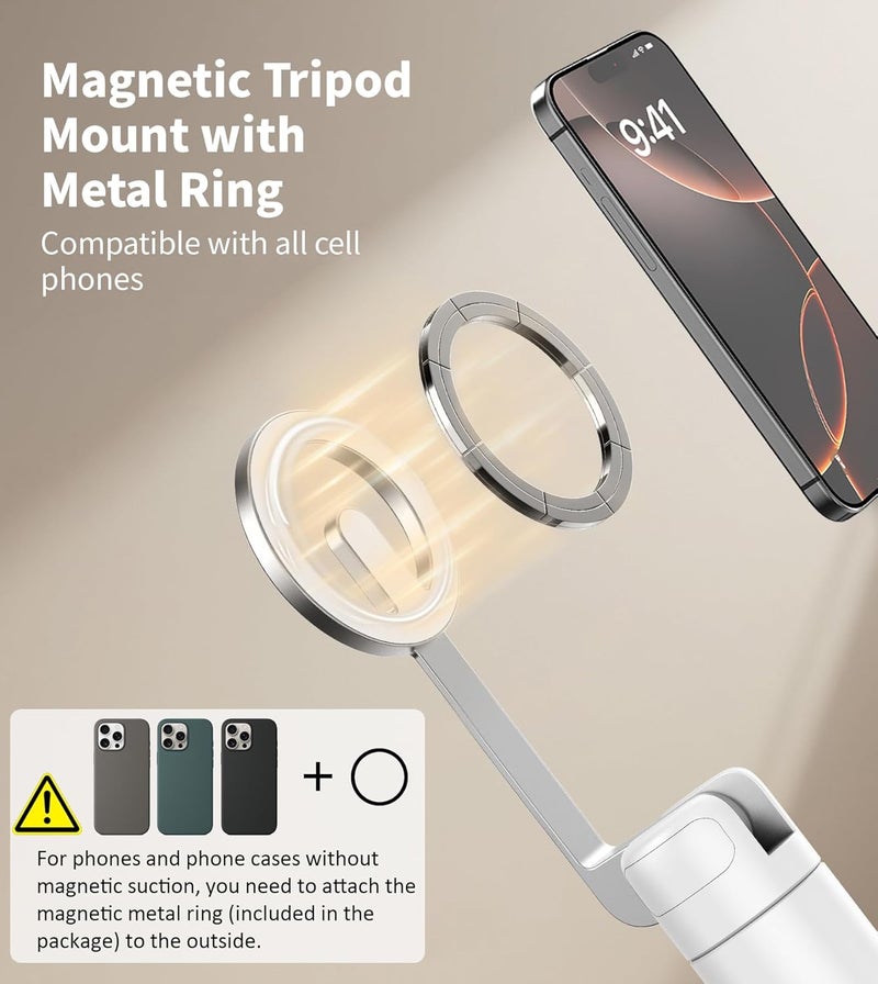 TONEOF حامل ثلاثي القوائم مع عصا سيلفي مغناطيسية بطول 68 بوصة مع حامل مغناطيسي قوي من الألمنيوم لماغسيف، حامل هاتف للسفر قابل للدوران 360° مع حلقة معدنية وجهاز تحكم عن بعد قابل لإعادة الشحن لهواتف آيفون/أندرويد (أبيض) - Image 2